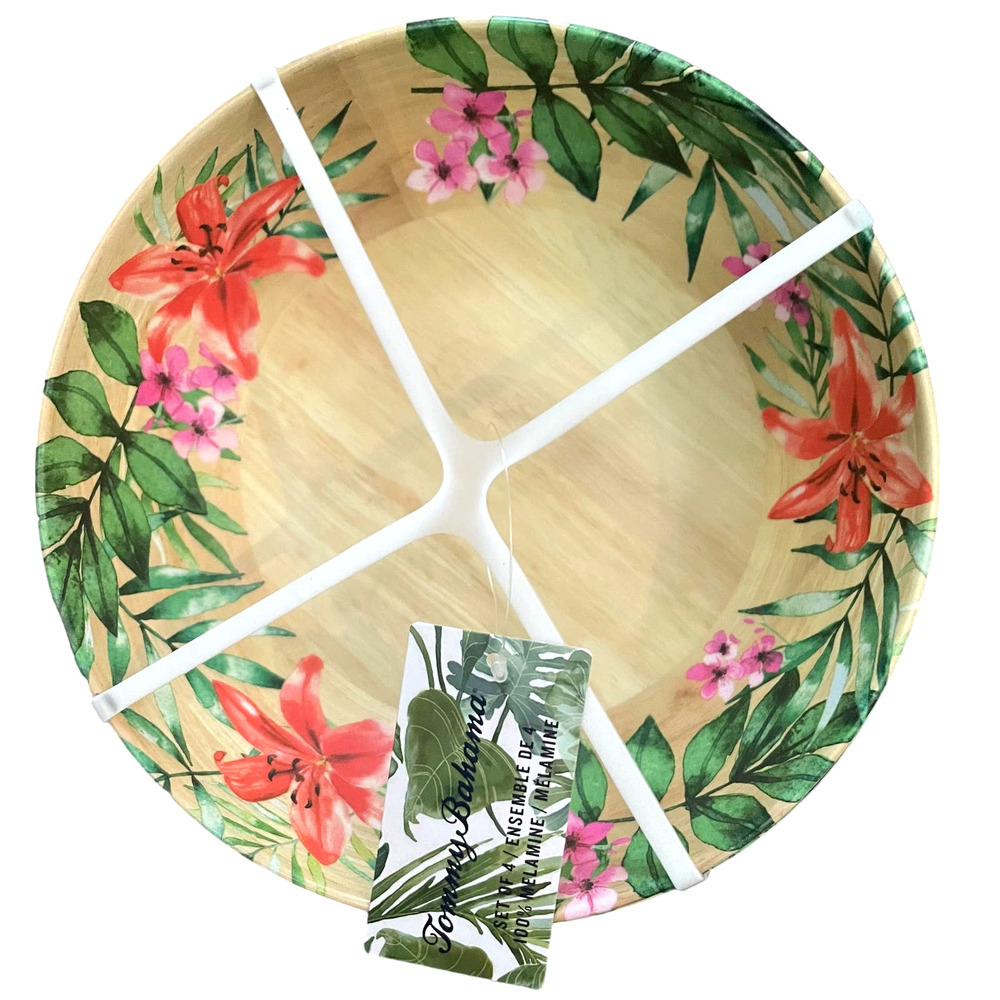 TOMMY BAHAMA Set of 4 Tropical Colorful Floral MELAMINE Salad Bowls NEW